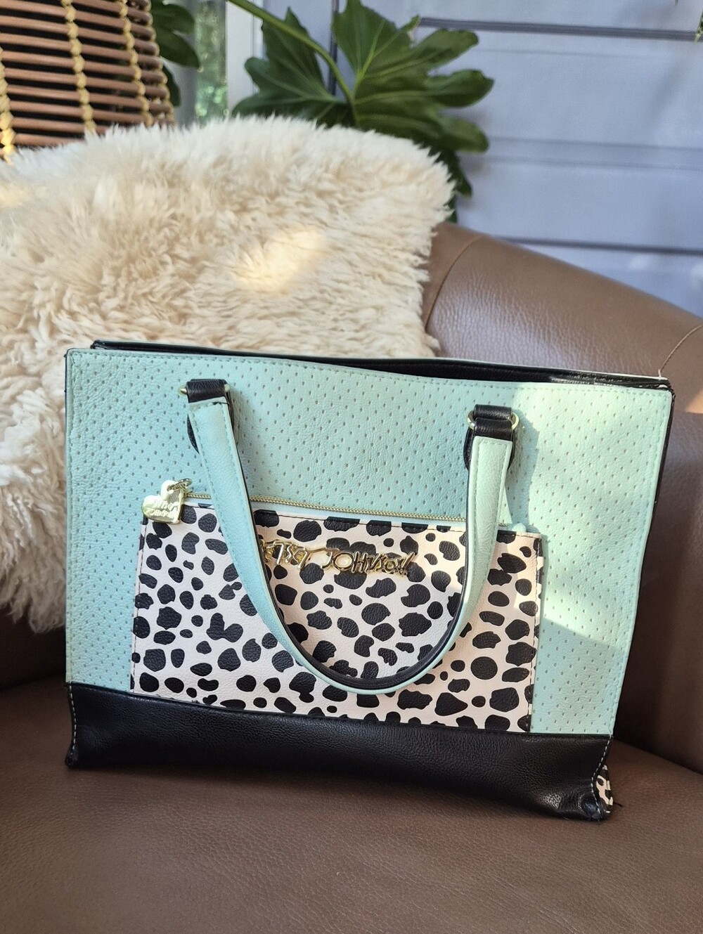 Betsey Johnson Mint and Black Structured Small Tote Bag w/ Leopard Accent